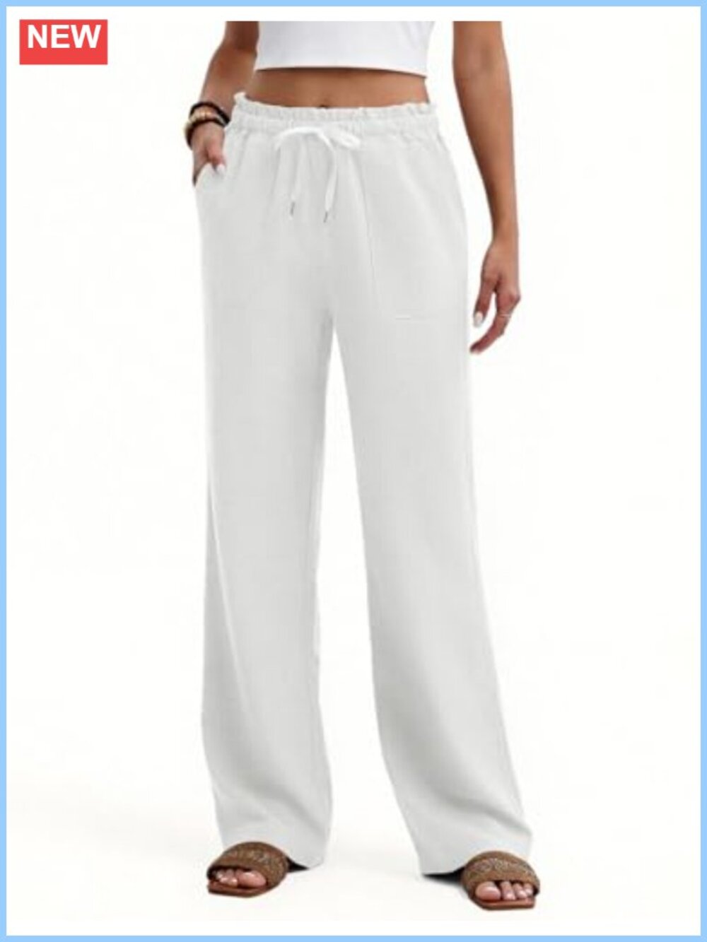 Womens High Waisted Wide Leg Palazzo Pants Drawstring Cotton Blend with Pockets